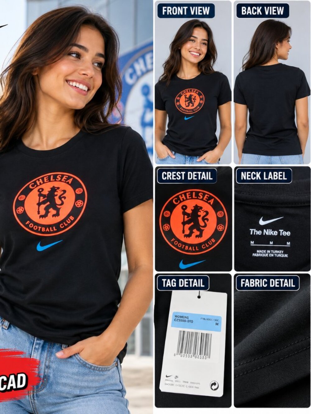 Nike Chelsea FC Women's Medium Black Orange Crest Soccer T-Shirt NWT